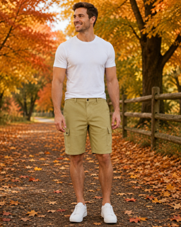 Men's olive cargo shorts worn with a white t-shirt in an autumn outdoor setting