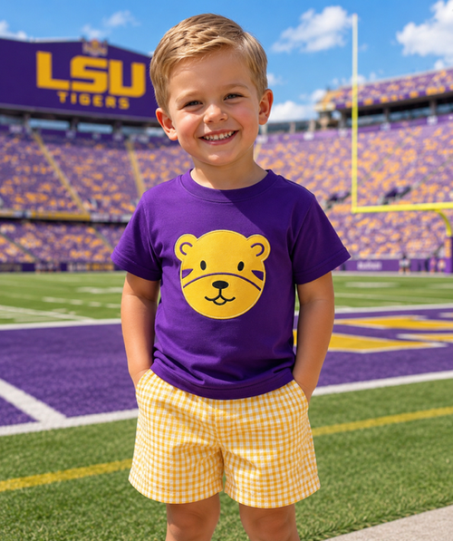 Boy wearing purple LSU Tigers graphic tee and yellow gingham shorts at a football stadium