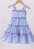 Girls Blue Gingham Tiered Ruffle Dress