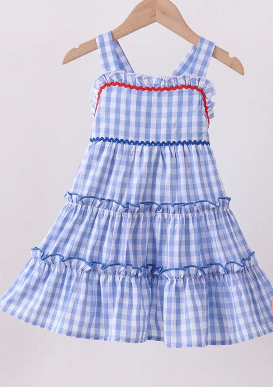 Girls Blue Gingham Tiered Ruffle Dress
