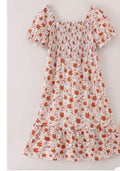 Women's cream floral smocked midi dress with puff sleeves and tiered ruffle hem