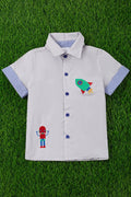 Boys space adventure embroidered button-up shirt in light grey with rocket and robot patches