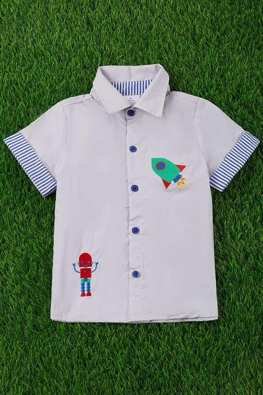 Boys space adventure embroidered button-up shirt in light grey with rocket and robot patches