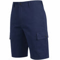 Men's navy blue cargo shorts with side cargo pocket and button flap detail