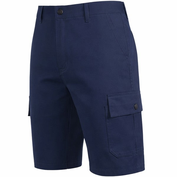 Men's navy blue cargo shorts with side cargo pocket and button flap detail